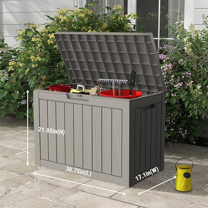 Mars Villa Deck Box, Waterproof Weatherproof and UV Resistant Resin Storage Box, Ideal for Indoor, Outdoor, Patio Furniture Cushions, Pool Supplies, Gardening Tools (45 Gallon, Grey)
