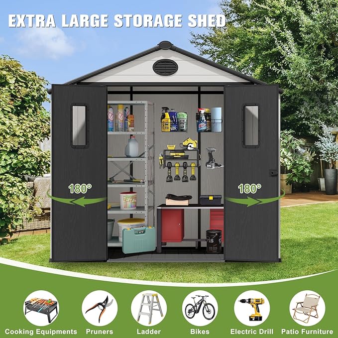 COOS BAY Resin Outdoor Storage Shed with Lockable Double Doors, Heavy-Duty Floor, All-Weather Garden Shed for Tools & Equipment, 8x6 ft, White/Gray