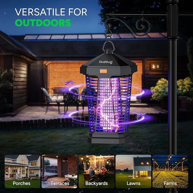 Buzbug LED Bug Zapper Outdoor and Lighting, 10 Years Lifespan, IPX4 Waterproof, 3800V High-Voltage, Fireproof Shell, 6.5ft Power Cord, Fruit Fly Mosquito Moth Gnat Wasp Zapper, Trap, Killer -MA20