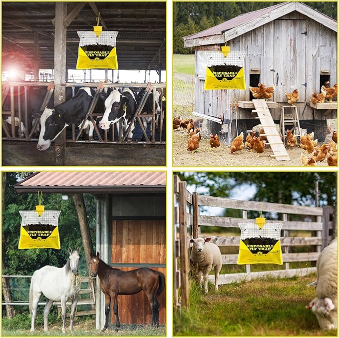 Glovv Fly Traps Outdoor Hanging with Bait, 12 Pack Disposable Flies Bags Hunter Ranch Trap, Control Bug Catcher Killer Repellent for Stable Horse Barn & Farm