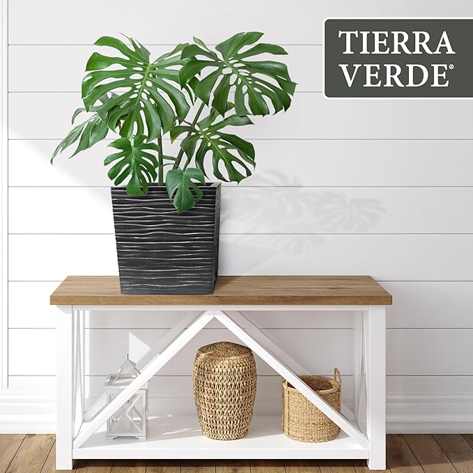 Tierra Verde Indoor & Outdoor Self-Watering Square Planter, Citadel Serenity, 14”, Black - Planting Containers for Plants and Flowers - Gardening and Landscaping Accessories