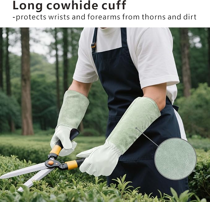 Leather Gardening Gloves – Goatskin Palm & Cowhide Cuff, Thorn-Resistant Long Garden Work Gloves for Men & Women(L)