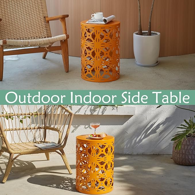 Y&M Metal Round Table, Coffee Table End Patio Table for Indoor Outdoor Multifunctional Use, Heavy Duty Metal Plant Stand Decorative Garden Stool Set of 3 - Orange
