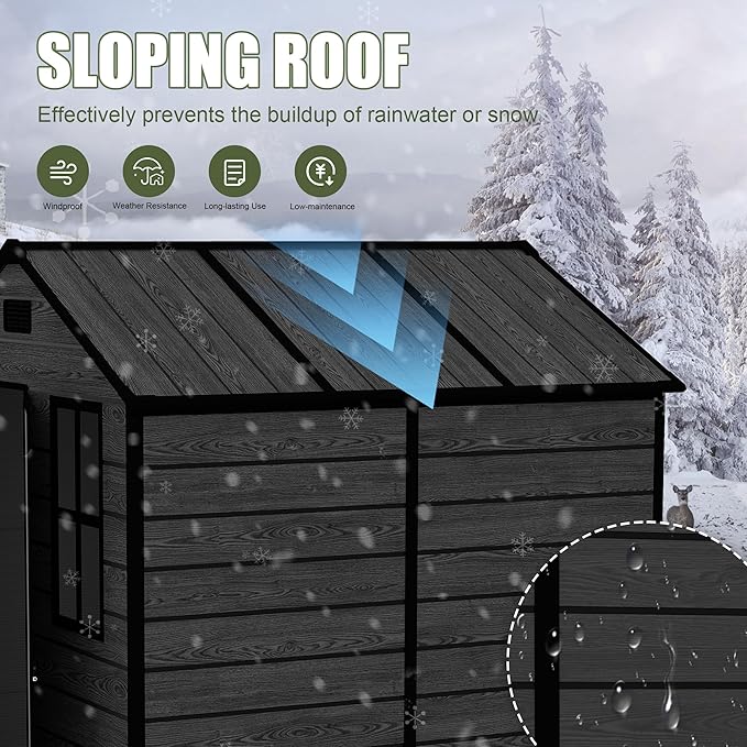 Outdoor Storage Shed 6x6 FT, Resin Shed with Floor, Waterproof Plastic Garden Bike Shed with Lockable Door, Sloped Roof, Vents & Windows, Tool Shed for Patio, Backyard, Lawn (Wood Grain Black, 6X6ft)