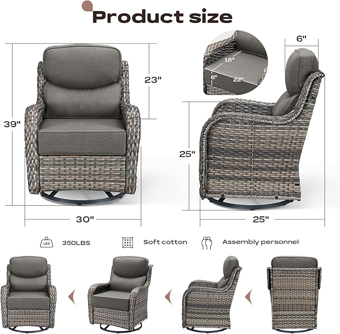 Outdoor Patio Swivel Rocker Chairs Set of 2, Waterproof Wicker, High Back, Deep Seating, Wide Armrest, Upgraded 6 inch Thick Cushions, Side Table, Ideal for Deck Porch Yard, Mixed Grey-Grey
