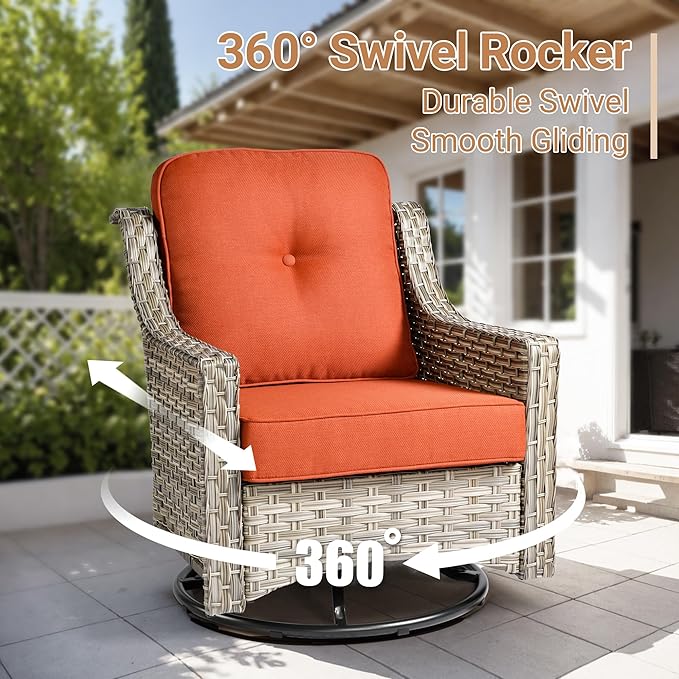 HOOOWOOO Outdoor Patio Furniture Set,10 Pieces Wicker Out Door Sectional Furniture L Shaped Couch,Patio Conversation Sets with Swivel Rocking Chair LED Table,Orange Red