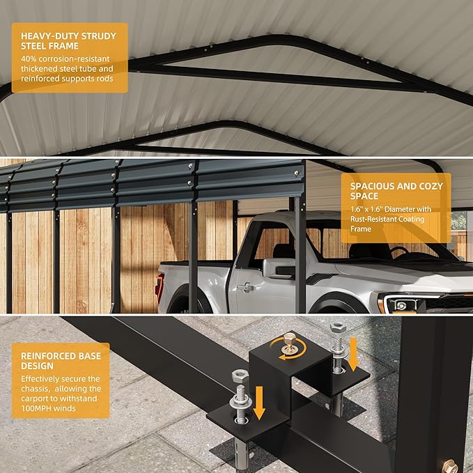 10 x 15 FT Metal Carport with Galvanized Steel Roof, Heavy Duty Metal Roof Carport with Enhanced Base, Tall Kits Garage for Tractors, Trucks, Boats, Cars