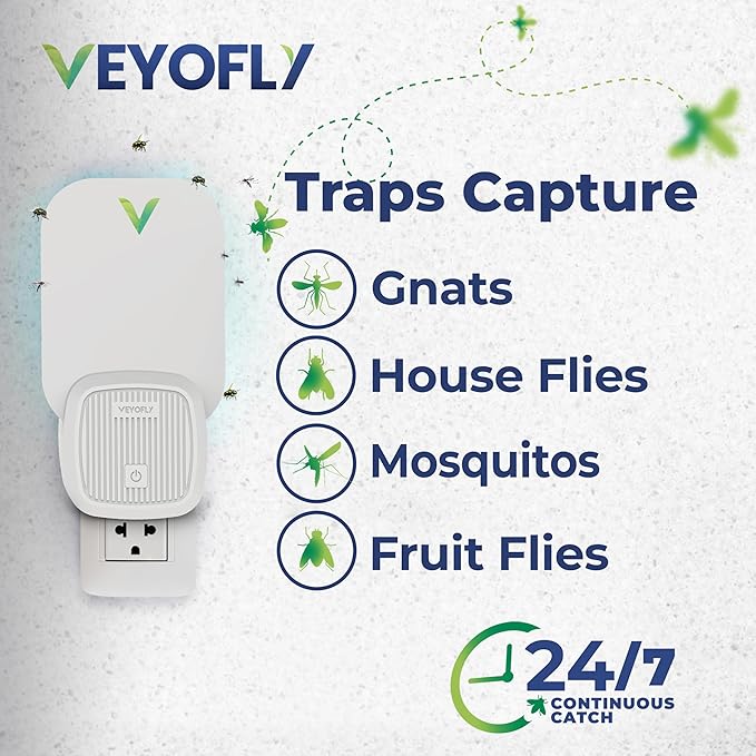 VEYOFLY Fly Catcher Indoor, Fly Trap Indoor, (1 Device + 3 Refills) Fruit Fly Traps for Indoors, Gnat Traps for House Indoor, Bug Killer, Fly Trap, Plug in Light Flying Insect Trap