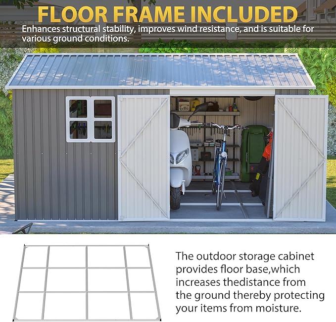 12x10 FT Outdoor Storage Shed with Floor Frame & Window, Heavy Duty Metal Garden Tool Shed with Double Lockable Doors, Waterproof Backyard Utility Shed for Bikes, Lawn Mowers, Tools, Equipment