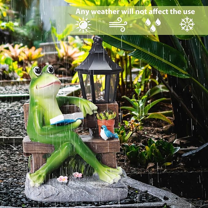 Outdoor Resin Frog Reading Statue, Solar-Powered Garden Decor, Art Deco Frog Sculpture for Mom, Grandma, Wife