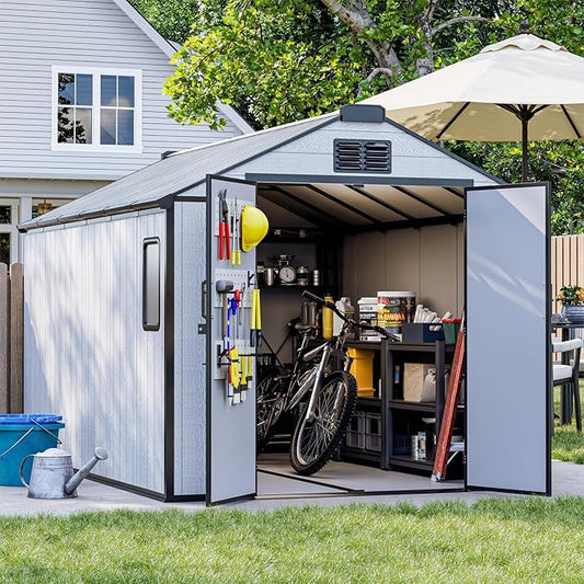 8 x 12 FT Resin Garden Storage Shed, All-Weather Plastic Outdoor Shed with Floor, Lockable Doors & Windows, Plastic Tool Shed for Poolside, Backyard, Patio
