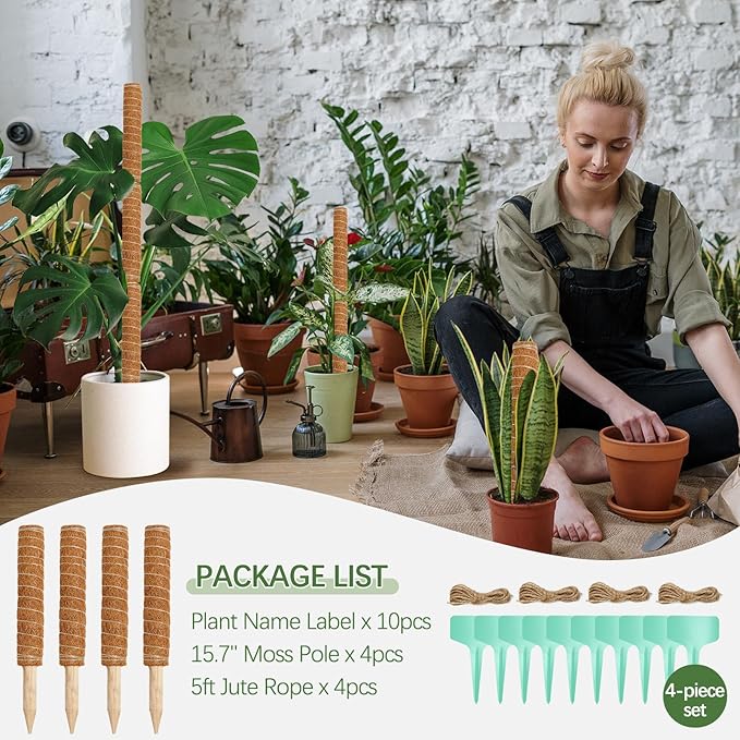 Joyhalo 48.7 Inch Moss Pole Monstera Plant Support, 4 Pcs 15.7 Inch Stackable Moss Poles, Plant Stakes for Indoor Plants with Jute Rope & Name Label