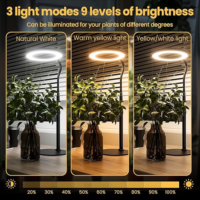 Grow Light, Plant Light for Indoor Plants 2 Pack, Full Spectrum Desk Grow Lamp with Pedestal, Automatic Timer for 3H/9H/12H, 10 Dimmable Levels, Height Adjustable