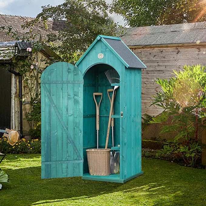 Berry&Bird Small Outdoor Storage Shed, Woodn Garden Storage Caninet Waterproof Vertical Sheds with Floor, Lock & Shelves, Mini Outside Tool Tinyhouse for Patio Backyard Lawn(Green,25.9”x 21.9”x 72.6”)