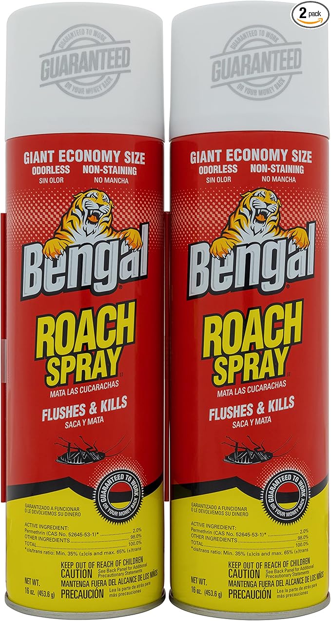 Bengal Roach Spray, Odorless Stain-Free Dry Spray, 2-Count, 16 Oz. Aerosol Cans