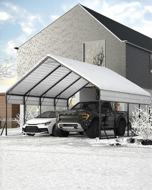 20x20x12.8 FT Metal Carport with Reinforced Frame, Galvanized Steel Roof & Enhanced Base Heavy Duty Car Ports for All-Weather Car Garage Shelter for Car, Truck, Pickup, SUV, Tractor, and Boat