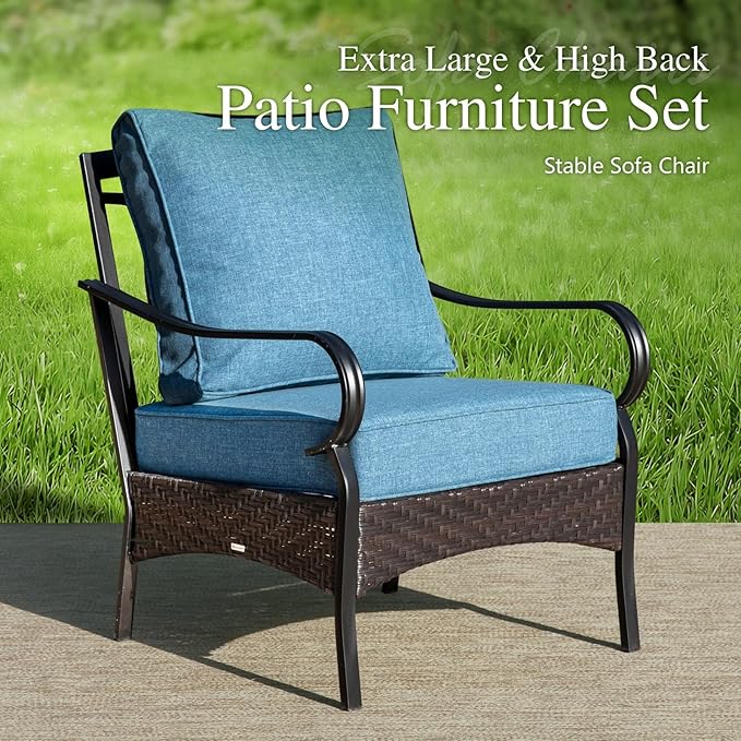 Sophia & William Patio Furniture Set, 4 Piece Metal Outdoor Conversation Set with 3-Seater Outdoor Couch, 2 Sofa Chairs, 1 Coffee Table for Outdoor Seating, Backyard, Porch(Navy Blue)