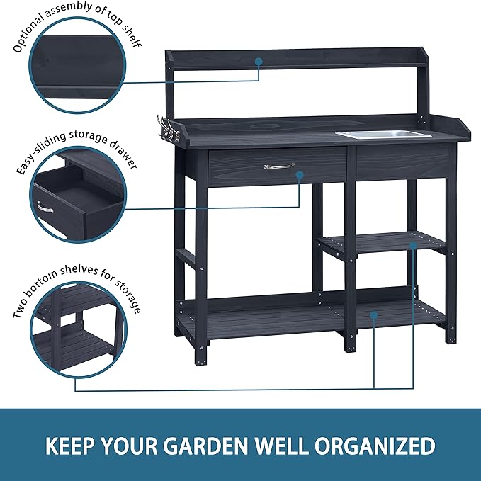 MUPATER Potting Bench Garden Table for Outdoors with Removable Stainless Sink, Planting Work Bench with Storage Shelves and Drawer, Grey