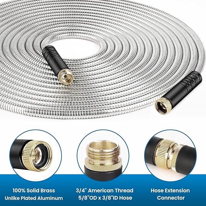 Garden Hose 50FT, Water Hose with 10 Function Nozzle, Garden Hose Metal with Leak-proof Connectors, Kink-Free & Ultra Flexible, Rust/Pet/Puncture Proof for Lawn, Yard, RV, Car Wash, 550PSI
