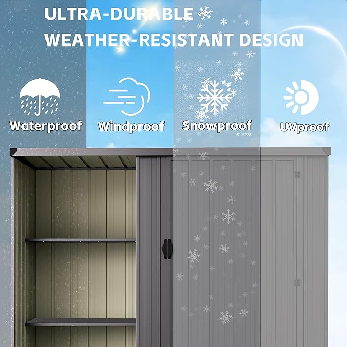 6×3 FT Metal Outdoor Storage Shed with Shelves, Lockable Waterproof Garden Tool Shed, Robust Backyard Patio Shed with Sloped Roof for Lawn Mower, Dark Gray (No Floor)