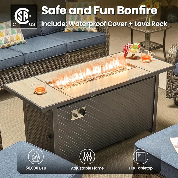 ovios 10 Pieces Patio Furniture Set, Outdoor Wicker Sofa Couch with Swivel Chairs 54" Fire Pit Table, All Weather High Back Modern Conversation Sets, Grey Rattan, Denim Blue