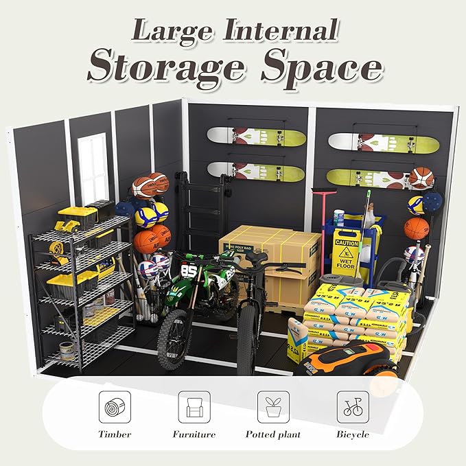 8x8 FT Resin Storage shed, Outdoor Storage Sheds with Floor, Window, Lockable Doors and Vents, 12mm Thick pp Board, Large Storage Space Tool Shed for Lawn, Backyard, Patio (Dark Gray, 8 * 8ft)