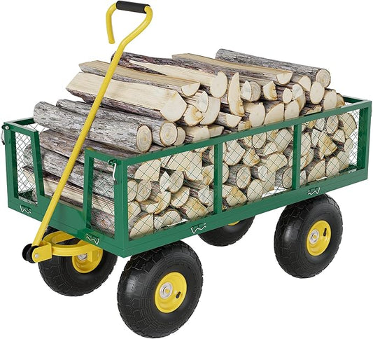 500 Lbs Garden Wagon, 2-in-1 Heavy-Duty Steel Garden Cart, with 10 Inch All-Terrain Tires and Removable Mesh Side Panels, 180° Rotating Handle, Metal Utility Yard Trailer, Outdoor Gardens Wagon Cart