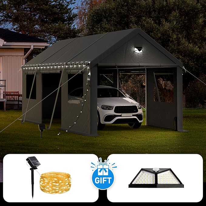 10x20 Carport Canopy, Heavy Duty Car Ports with Sidewalls, Portable Garage Carports with Roll Up Zipper End & Side Doors, Grey