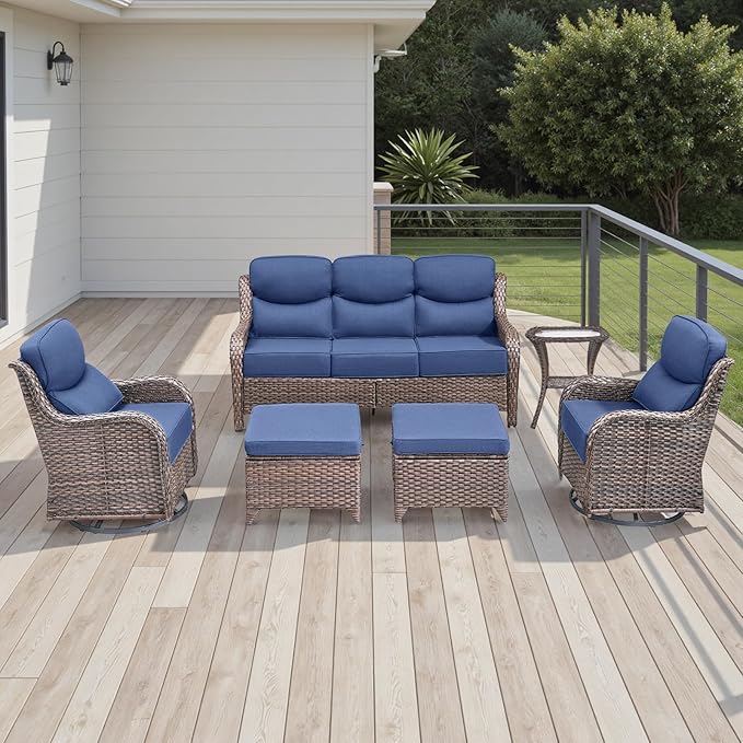 Wicker Outdoor Patio Furniture Set - 6 Piece Patio Conversation Sets with Swivel Rocker Chairs, Ottomans, Sofa and Side Table, 6 inch Cushions, Waterproof Wicker, for Porch Deck Brown/Blue