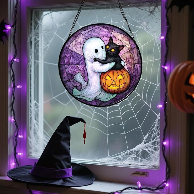 Stained Glass Window Hanging - Halloween Decorations Ghost Black Cat Pumpkin Suncatcher for Door Garden Spooky Purple Sun Catchers Gothic Decor Horror Gifts for Women Men Friend Boy 6.3 in