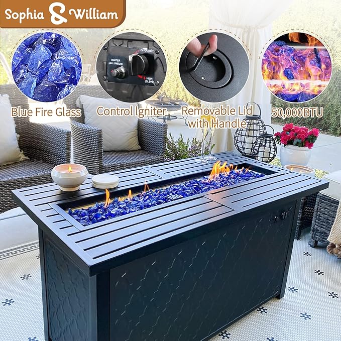 Sophia & William Patio Furniture Sets for 9 with 45" Gas Fire Pit Table Outdoor Conversation Sets 8 Pcs, 2xSofa Chairs, 2xSwivel Cushion Chairs, 1x3-Seat Sofa, 2xOttomans for Porch Poolside Blue