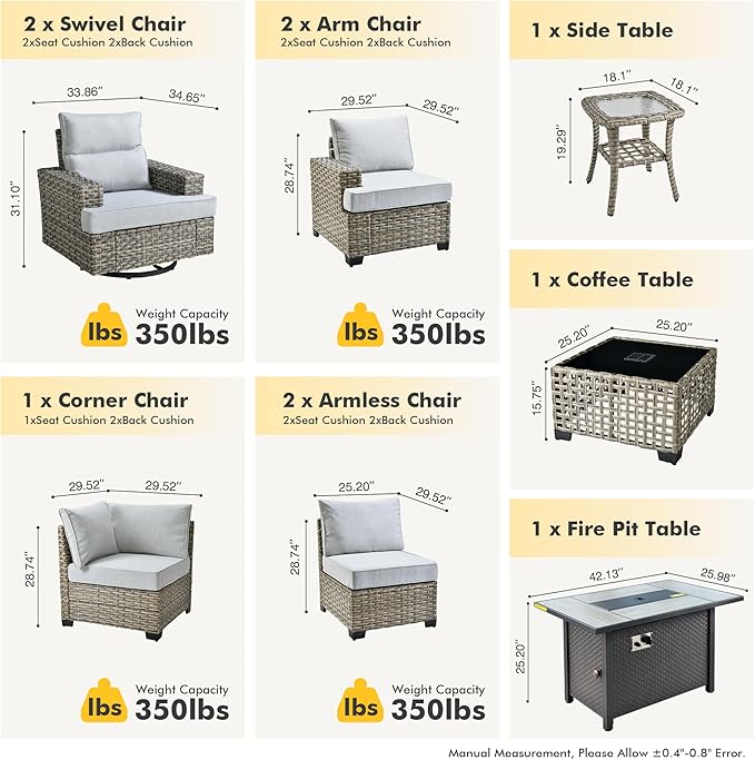 HOOOWOOO Outdoor Sectional Patio Furniture Set with Fire Pit Table,10 Pieces Wicker Conversation Sets L Shaped Couch,Extra Deep Out Door Sofa Outside Furniture with Swivel Chairs,Light Gray