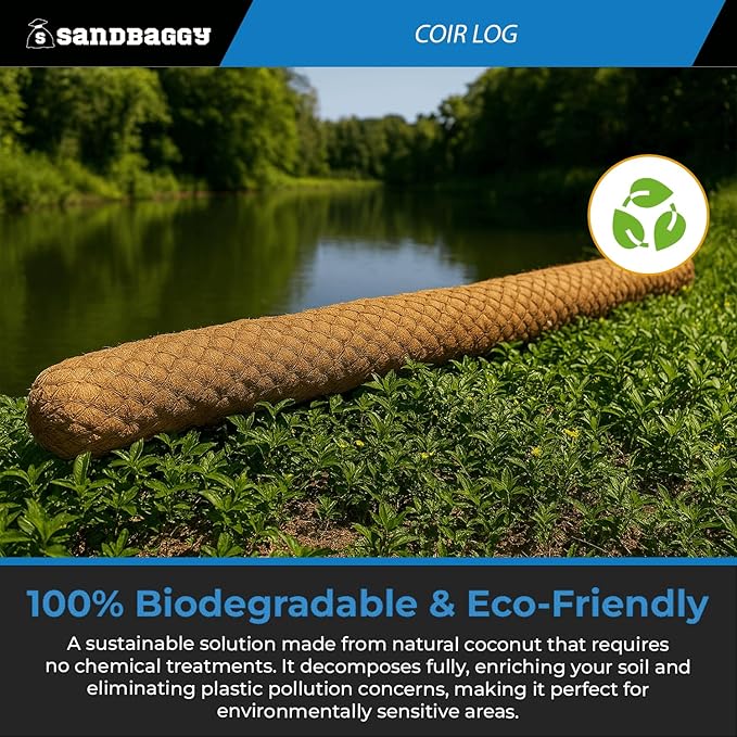 Sandbaggy Coir Fiber Log – 16" Diameter | 100% Biodegradable Erosion Control - Coconut Fiber - Slope Erosion (16" x 10 ft, 5, Count)