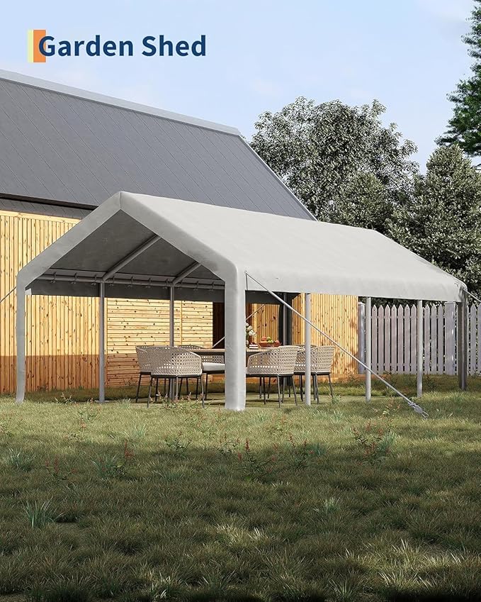13 x 25FT Heavy Duty Carport with Roll-Up Windows, Portable Garage with Removable Sidewalls & Doors, Portable Car Tent Garage with Roll-Up Windows and All-Season Tarp, for Car, Truck,