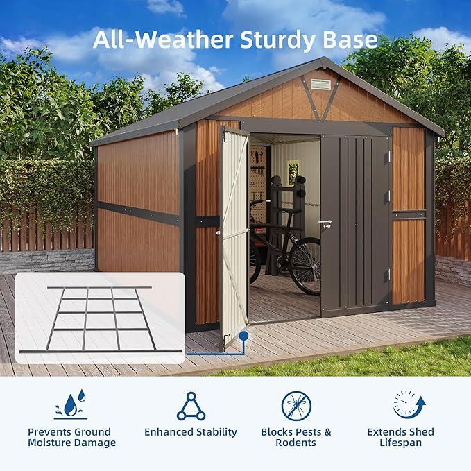 10x12 FT Outdoor Storage Shed, Metal Garden Shed with Floor, Lockable Doors and Windows, Large Tool Shed for Backyard, Patio and Lawn