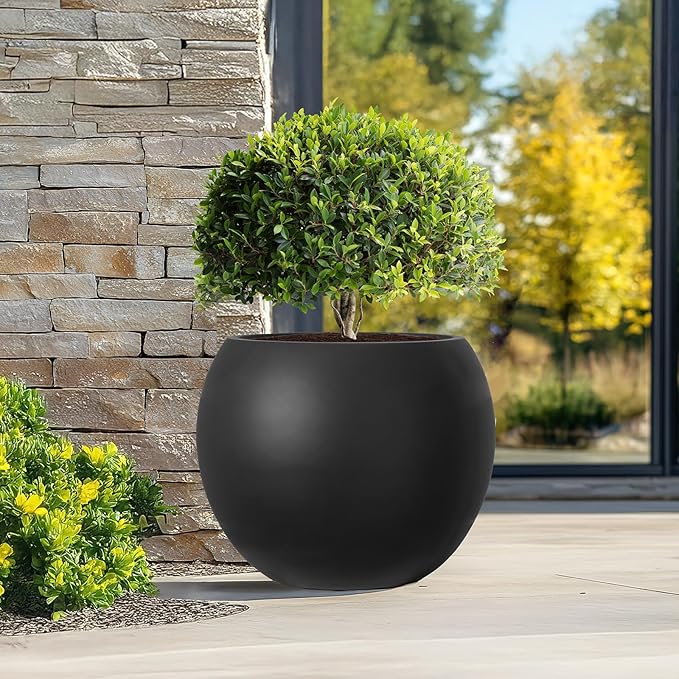 YOLENY 17.7'' Dia Large Round Planter with Drainage Hole, Sphere Planter Outdoor Indoor Plant Flower Pot with Rubber Plug for Garden Patio Balcony Home, Black