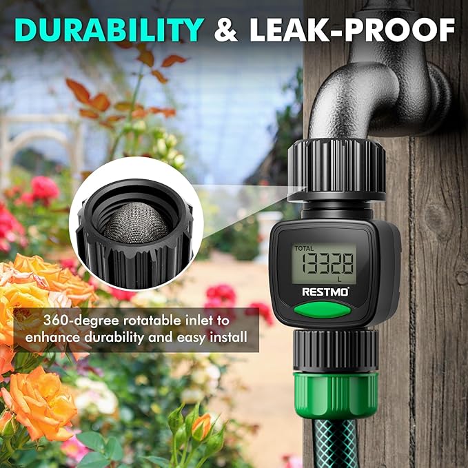 [2 Pack] RESTMO Water Flow Meter, High Measure Accuracy, Measure Gallon/Liter Consumption and Flow Rate for Outdoor Garden Hose Watering, RV Water Tank Filling, Lawn Sprinkler and Nozzle Sprayer