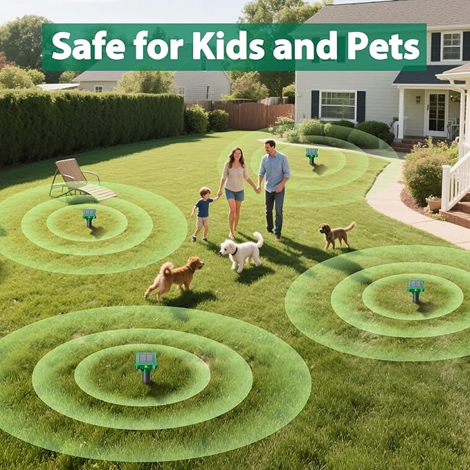 4 Pack Mole Repellent Solar Powered, IP65 Waterproof Gopher Chipmunk Repeller Outdoor, Groundhog Snake Repellent for Yard, Sonic Mole and Vole Deterrent Spikes, Effective Lawn and Garden Protection