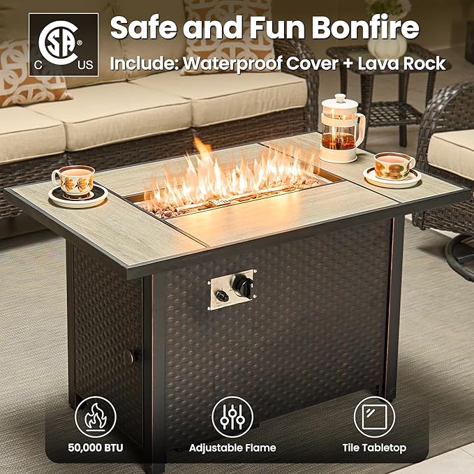 ovios 8 Pieces Patio Furniture Set, Outdoor Wicker Sofa Couch with Swivel Chairs 42" Fire Pit Table, All Weather High Back Modern Conversation Sets, Brown Rattan, Beige