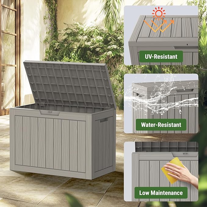 Mars Villa Deck Box, Waterproof Weatherproof and UV Resistant Resin Storage Box, Ideal for Indoor, Outdoor, Patio Furniture Cushions, Pool Supplies, Gardening Tools (45 Gallon, Grey)