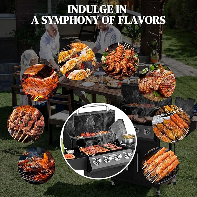 Bonnlo 4 Burner Propane Grills with Side Burner and Porcelain-Enameled Grates, 58000BTU Gas Grill with Side Shelf and Portable Rolling Wheels, Grill for Outdoor Cooking BBQ Patio Backyard