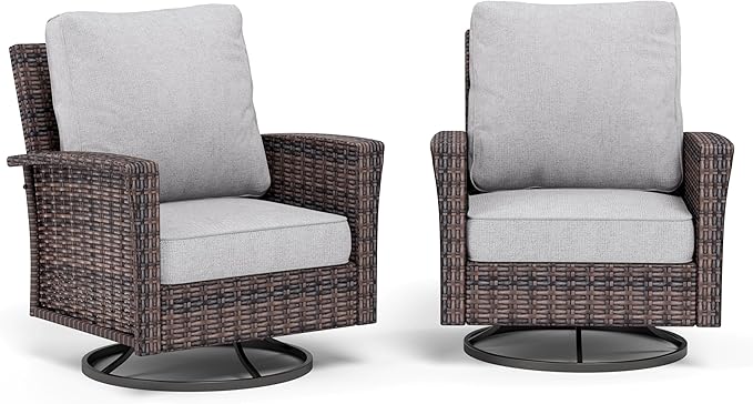 Patio Furniture Set of 2, Rattan Wicker Swivel Chairs with 5.5" Thick Cushions and 35" High Back, Oversized Outside Chairs for Balcony Porch Deck, Grey