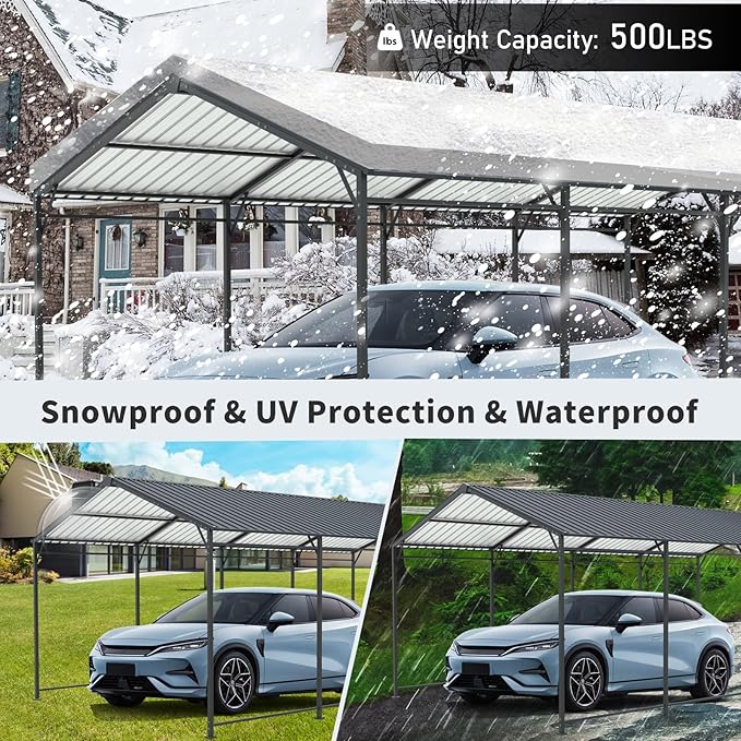 Carport, Heavy Duty Carport with Galvanized Steel Roof and Frame, Metal Large Garage with 4 Fixed Inclined Square Tube Supports (12 * 21 FT)