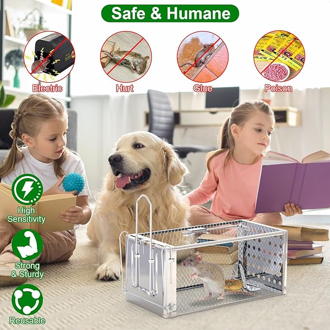 Humane Rat Trap, Single Door Metal Mouse Cage Traps and Other Small Live Animals Cage, Easy to Catch and Release, Work for Indoor Outdoor
