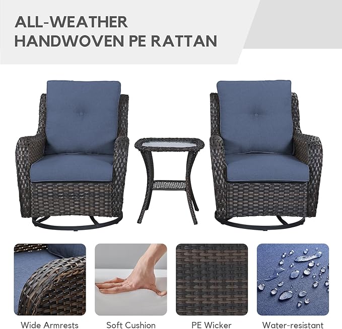 4PCS Modern Blue Patio Set with Swivel Rocking Chairs, Fire Pit Table & Thick Cushions