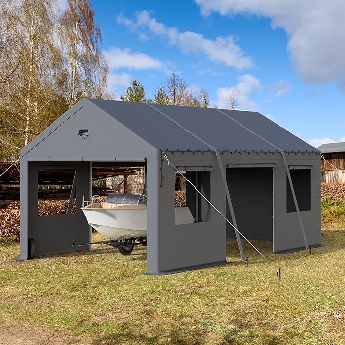 12x20 Carport Canopy, Heavy Duty Car Ports with Sidewalls, Portable Garage Carports with Roll Up Zipper End & Side Doors, Grey
