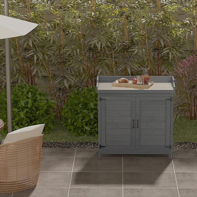 Outdoor Garden Patio Wooden Storage Cabinet Furniture Waterproof Tool Shed with Potting Benches Outdoor Work Station Table (Gray)