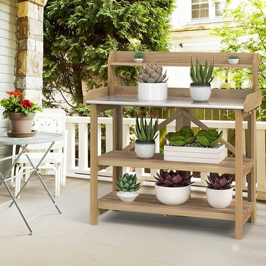 S AFSTAR Garden Potting Bench, Gardening Work Station Table with 2 Storage Shelves, Fir Wood Structure and Metal Tabletop, Gardening Table Potting Benches for Outside Backyard Balcony