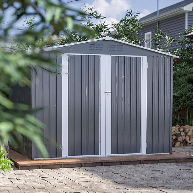 8x6 FT Outdoor Tool Storage Shed with Metal Foundation & Lockable Doors, All Weather Metal Sheds for Garden, Patio, Backyard, Lawn, Gray
