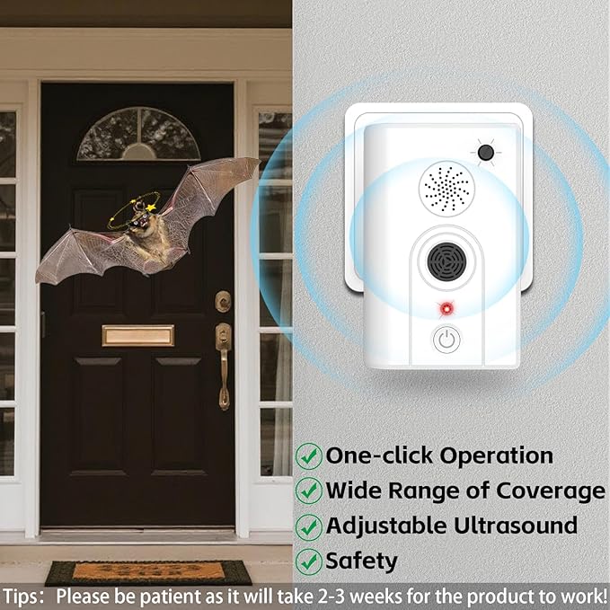 4Pack Upgraded Bat Repellent Deterrent Devices for Attic, Ultrasonic Bat Repellent for Indoor Use, Plug in Bat Deterrent System Bats Keep Away for Home, Friendly to Pet & Human